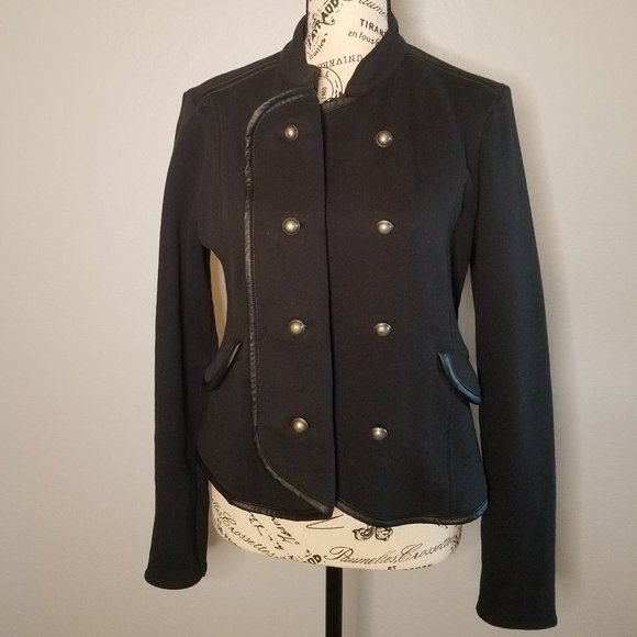 Navy Blue Military Look Blazer w/Faux Leather Trim - Picture 2 of 9